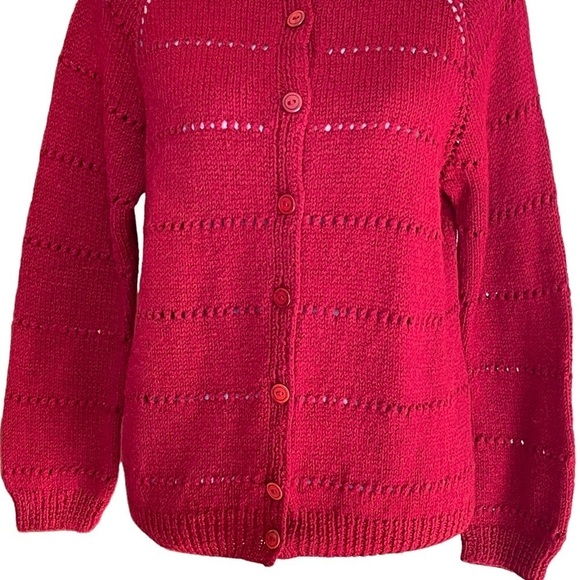 Hadmade Women’s Handcrafted Open Knit Red Cardigan Sweater Hand Knitted - Picture 3 of 6